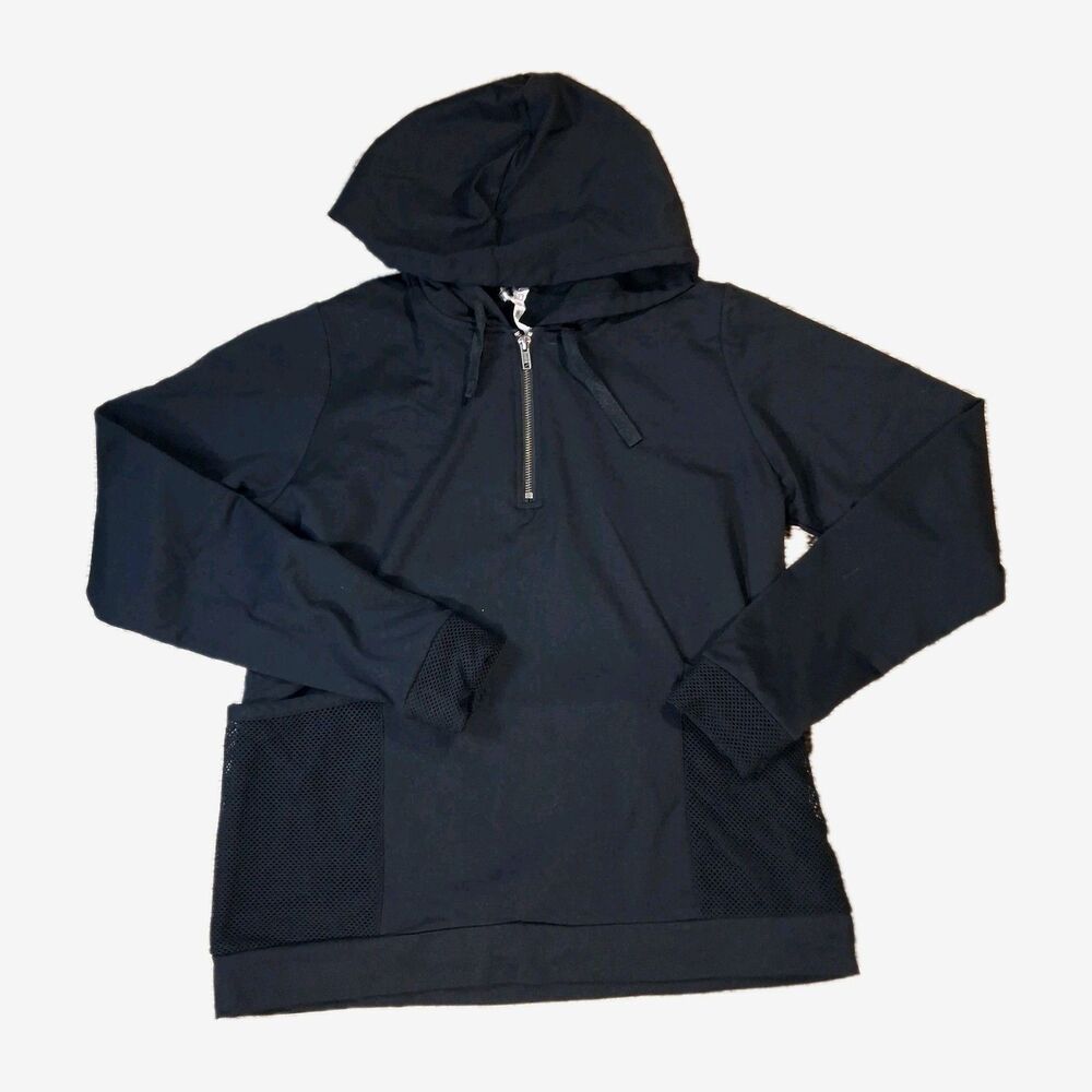 FABLETICS GIGI HOODIE WOMENS MEDIUM BLACK MESH POCKETS 1/4 ZIP SWEATSHIRT...